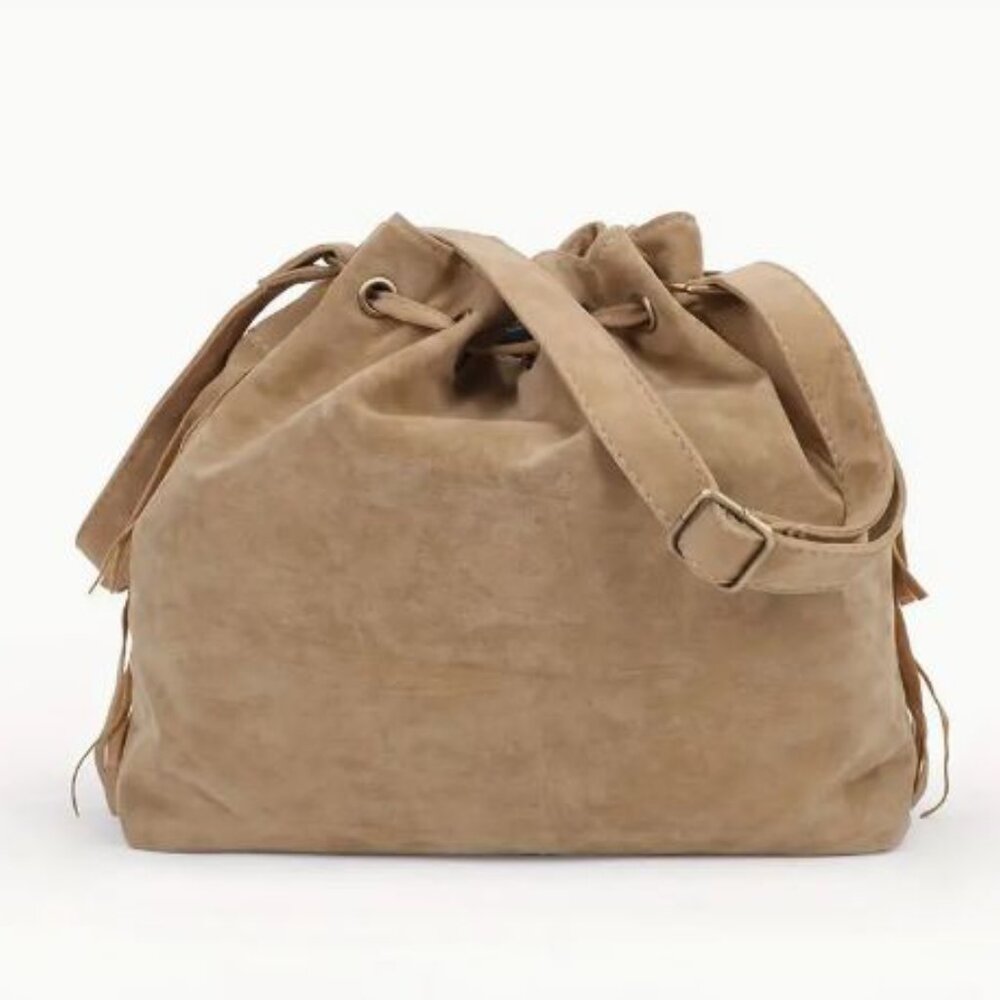 NEW Tan Fringe Bag Bucket Purse Drawstring Pockets Apricot - Picture 3 of 4